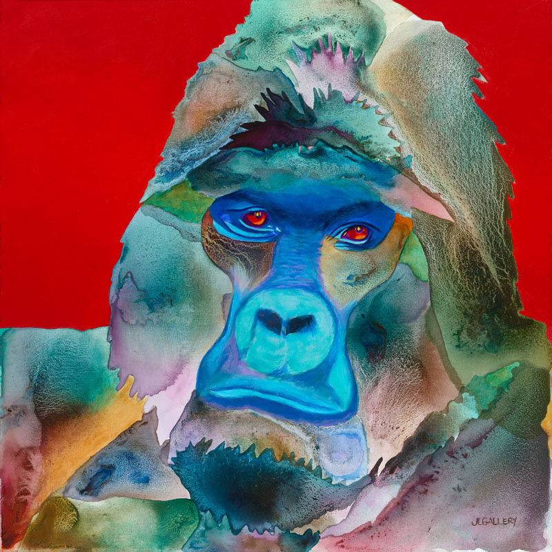 Baltimore Jack is a painting of a male gorillas head. He is mainly green with a red background.