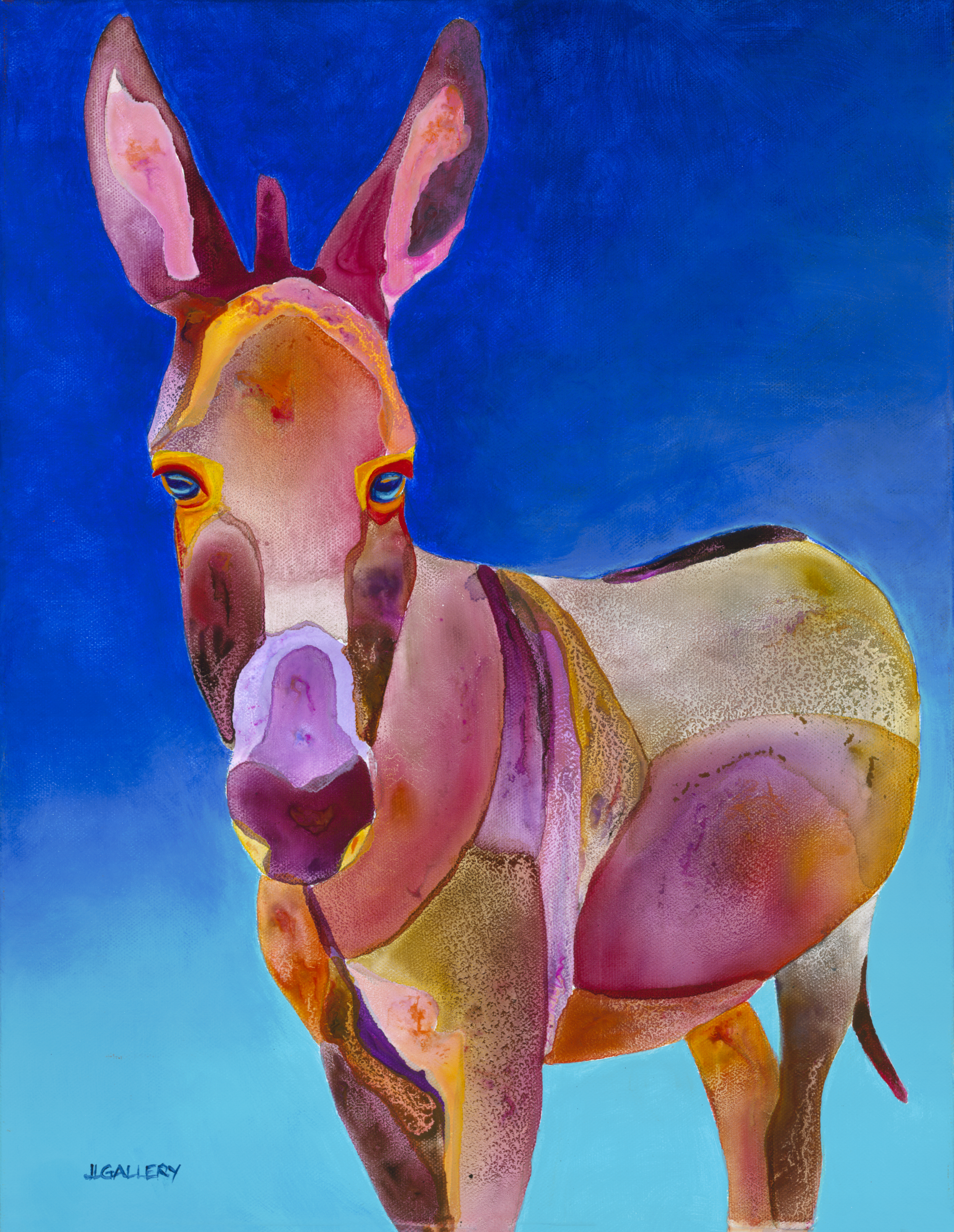 Tim a painting of a donkey on canvas. Mainly red with a blue background