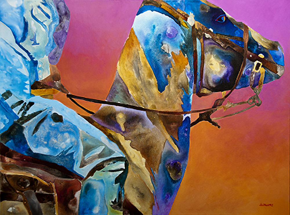 Bull Run is a 30x40" acrylic painting of a horse with a cowboy on his back at a rodeo in Cave Creek, AZ. The horse is looking at you.