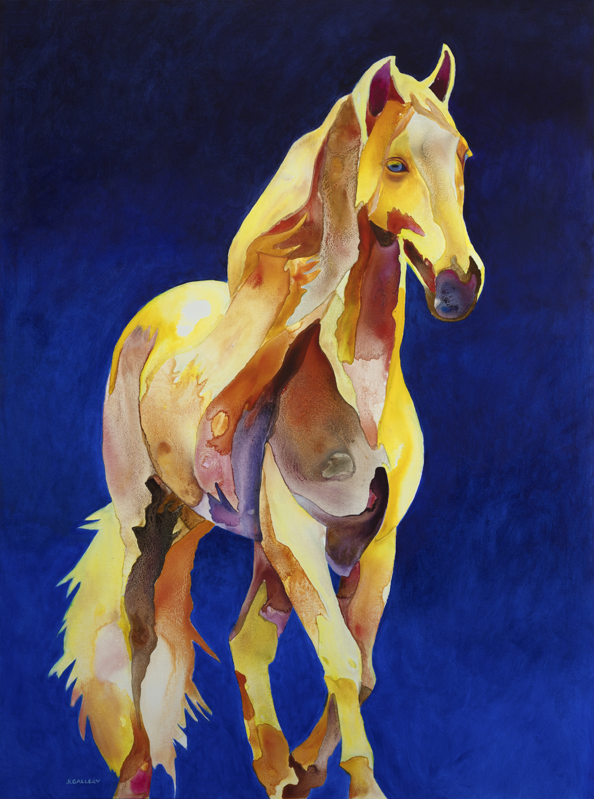 Winona is a 48x36" painting of a yellow horse done in a watercolor technique. The background is dark blue.