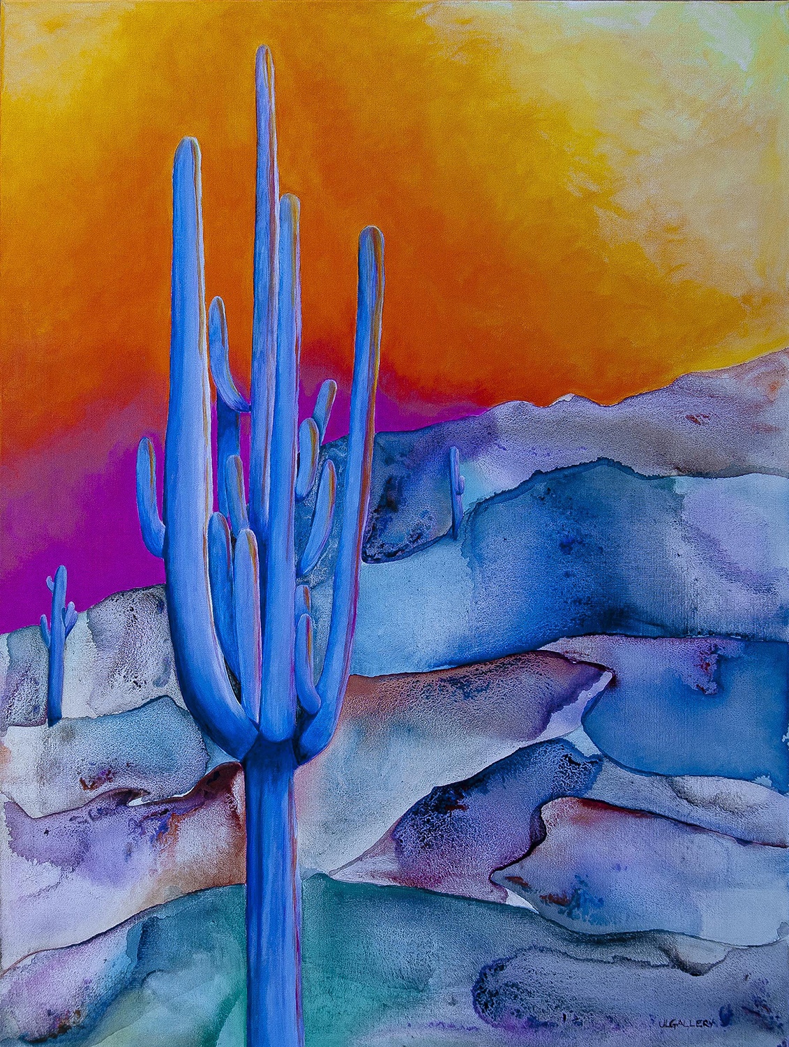 Pinnacle Peak Giant, saguaro, cactus, north Scottsdale, acrylic painting. Blue cactus with a warm sunset in the backgroun