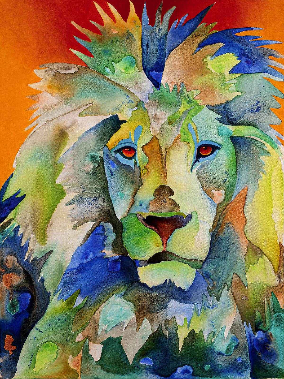 James the lion painting. Mainly green with a warm backgound.