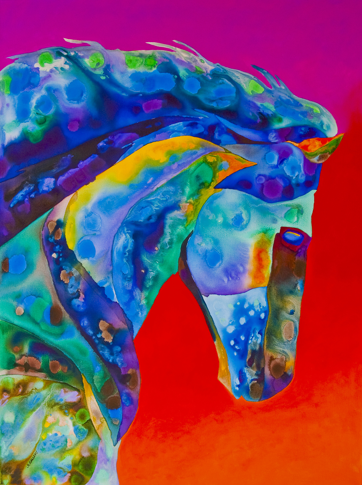 Tasha is a painting of a horses head on canvas. Blue Green horse with a red background