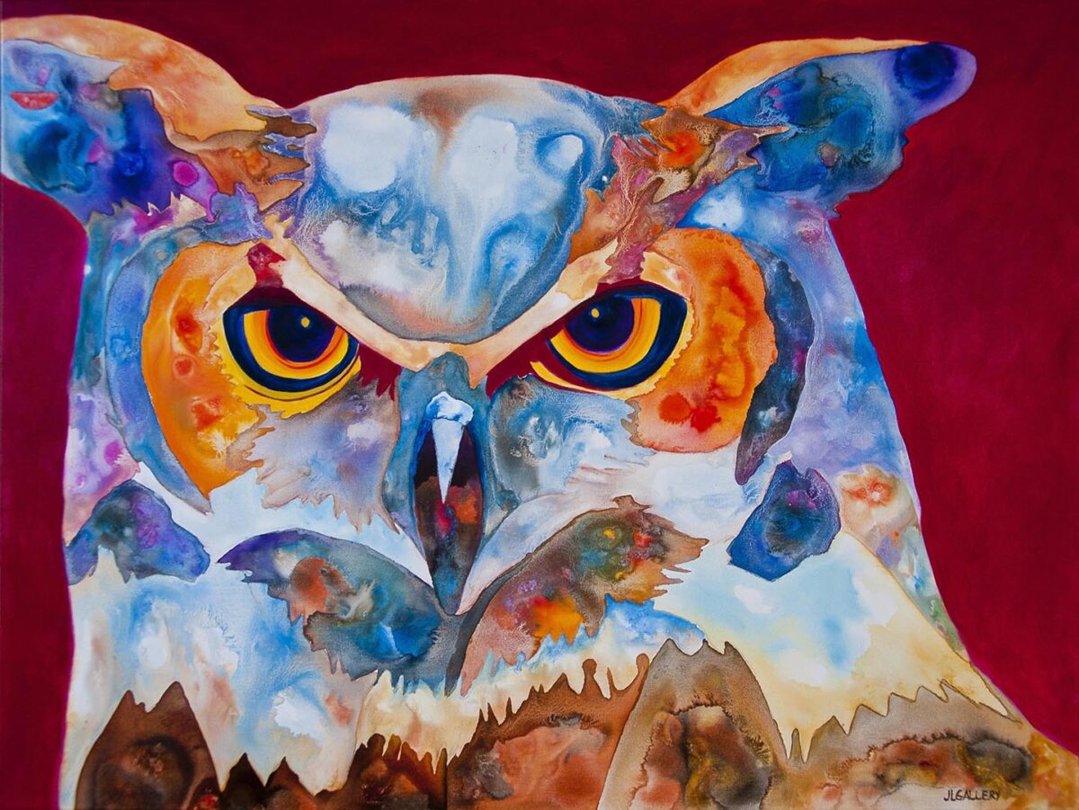 Owl, bird art, Great Horned owl with red background, acrylic painting